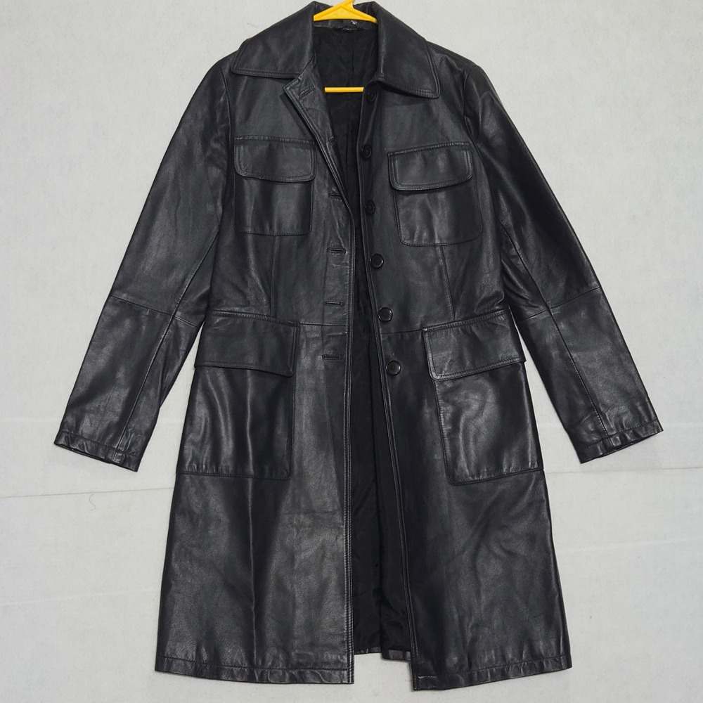 Vintage Black Genuine Leather Trench Coat Button Front Mid Length Jacket Pockets